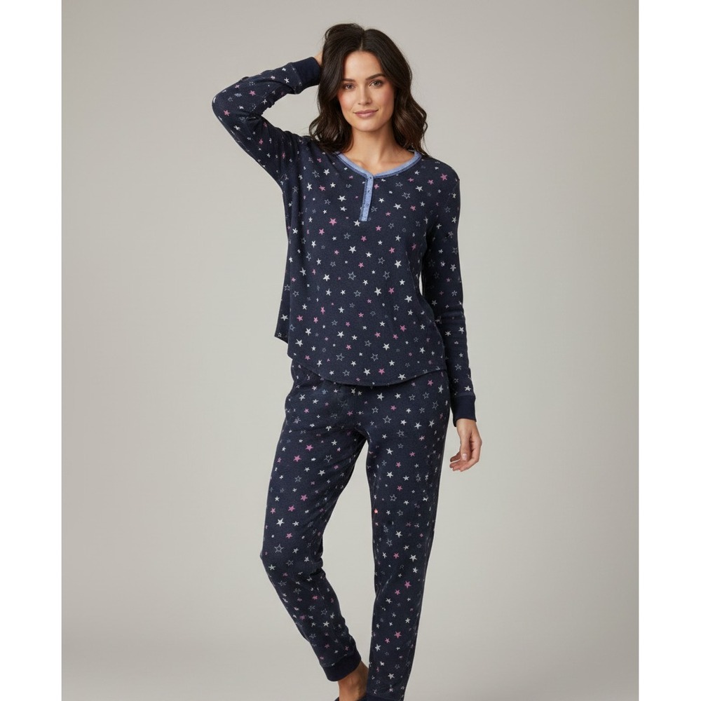AQUA Women's Medium Navy Blue Star Pattern Sleep-Wear Thermal Pajama Set